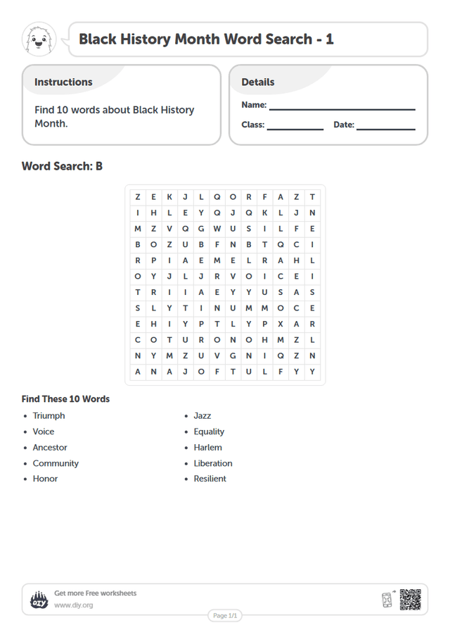 Black History Month Word Search page 1