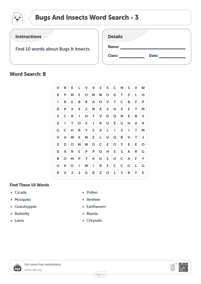 Bugs And Insects Word Search page 1