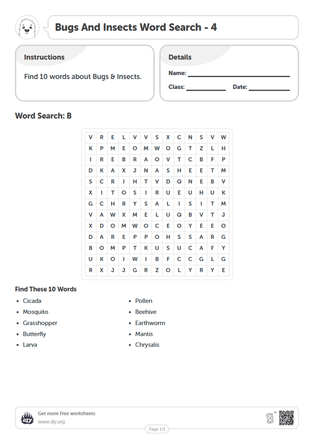 Bugs And Insects Word Search page 1