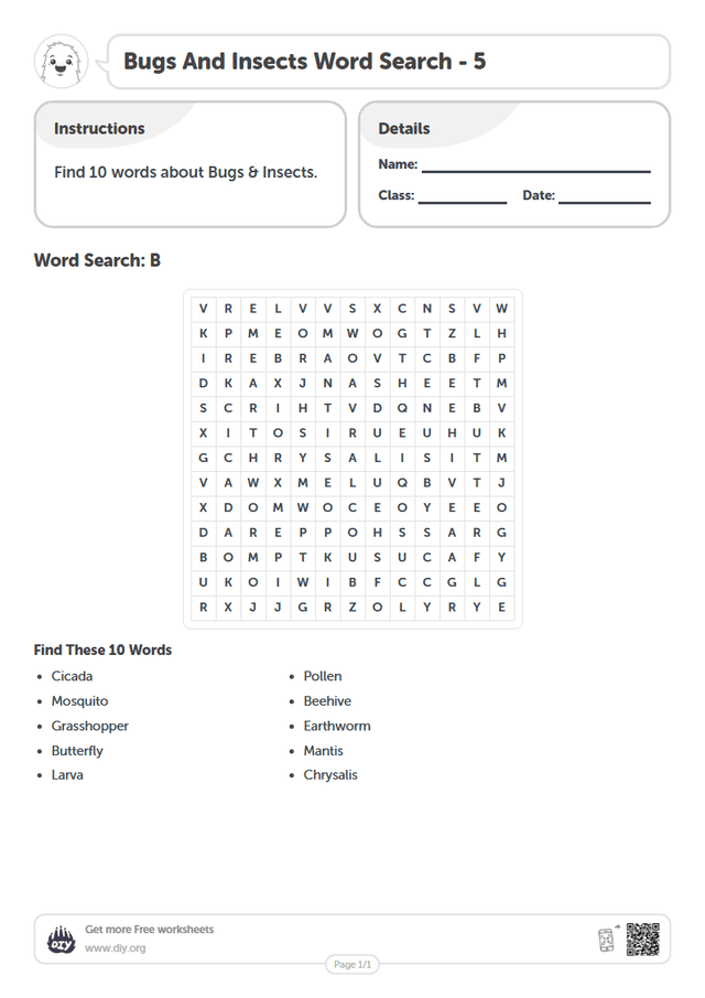 Bugs And Insects Word Search page 1