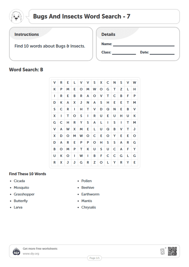 Bugs And Insects Word Search page 1