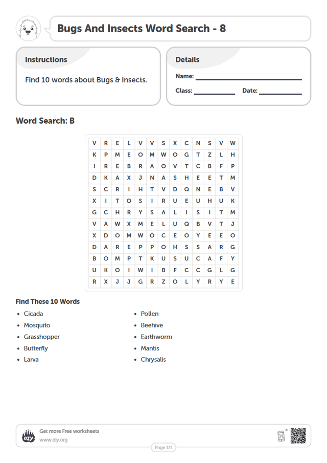 Bugs And Insects Word Search page 1