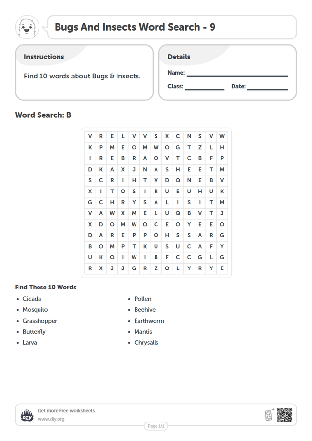 Bugs And Insects Word Search page 1