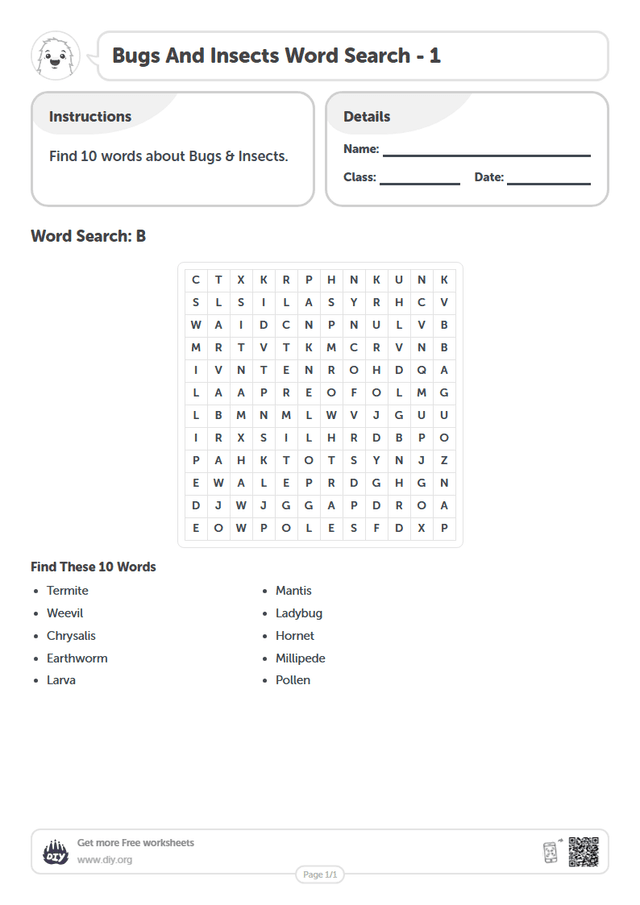 Bugs And Insects Word Search page 1