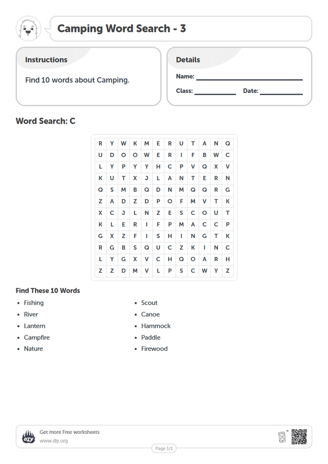 Camping Word Search page 1