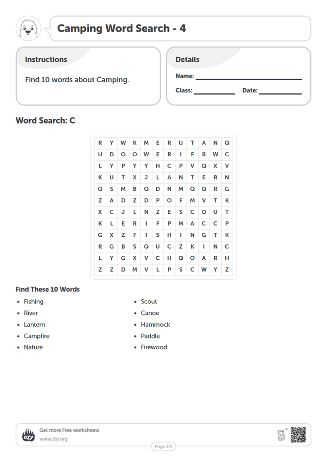 Camping Word Search page 1