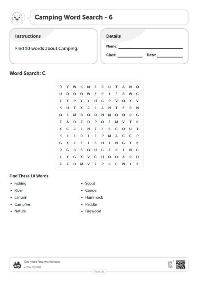 Camping Word Search page 1