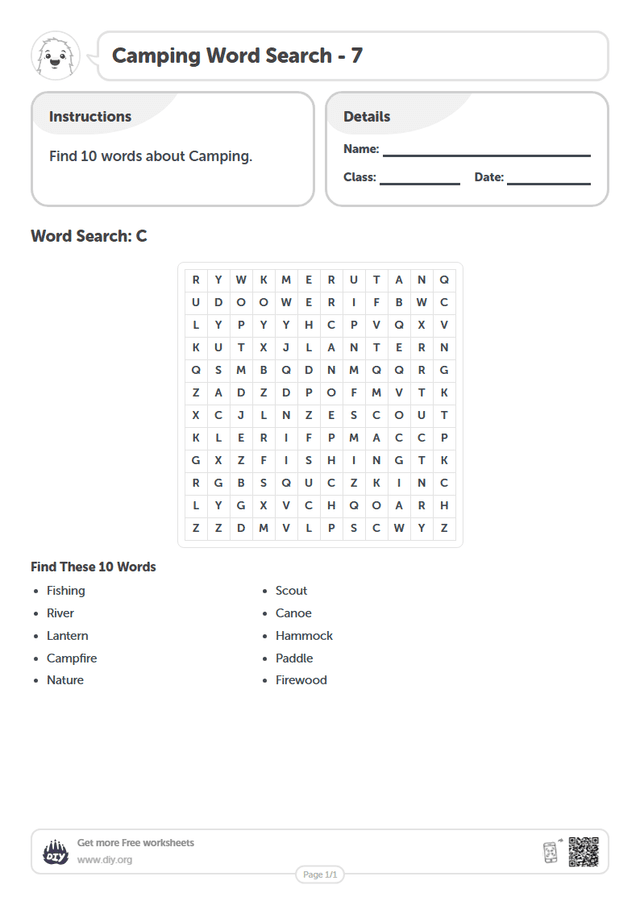 Camping Word Search page 1