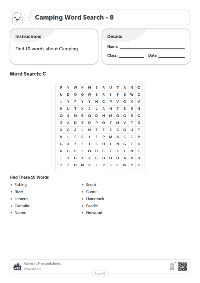 Camping Word Search page 1