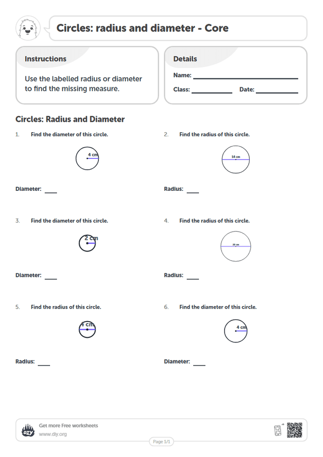 Circles: radius and diameter page 1