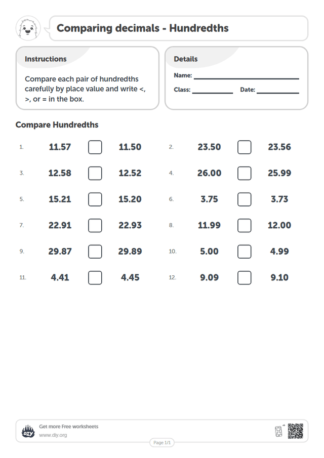 Comparing decimals - Hundredths page 1
