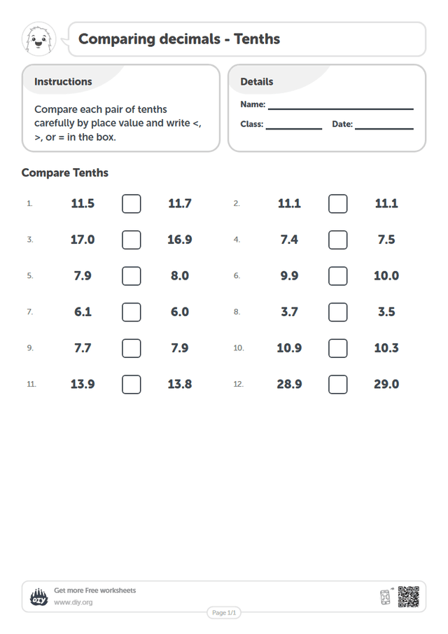 Comparing decimals - Tenths page 1