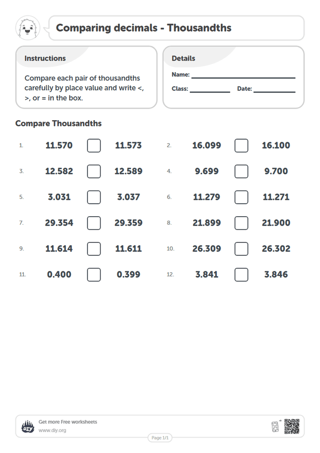 Comparing decimals - Thousandths page 1