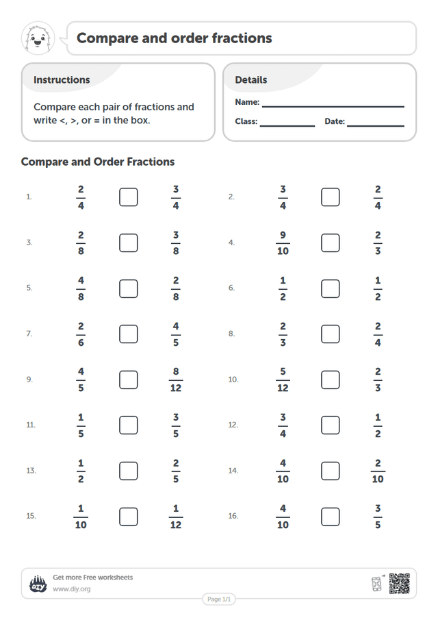 Compare and order fractions page 1