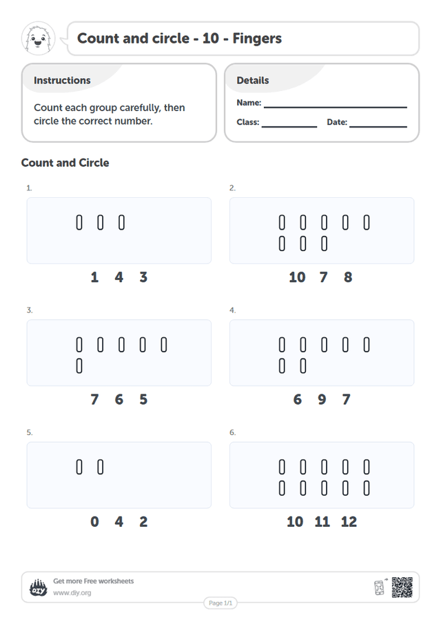 Count and circle - 10 - Fingers page 1