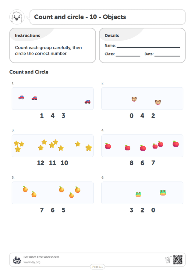 Count and circle - 10 - Objects page 1