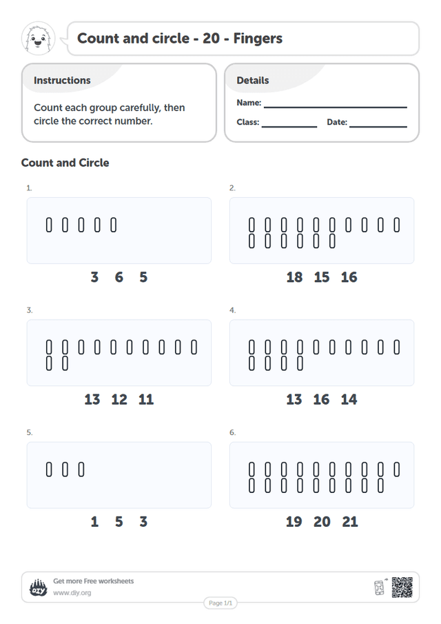 Count and circle - 20 - Fingers page 1