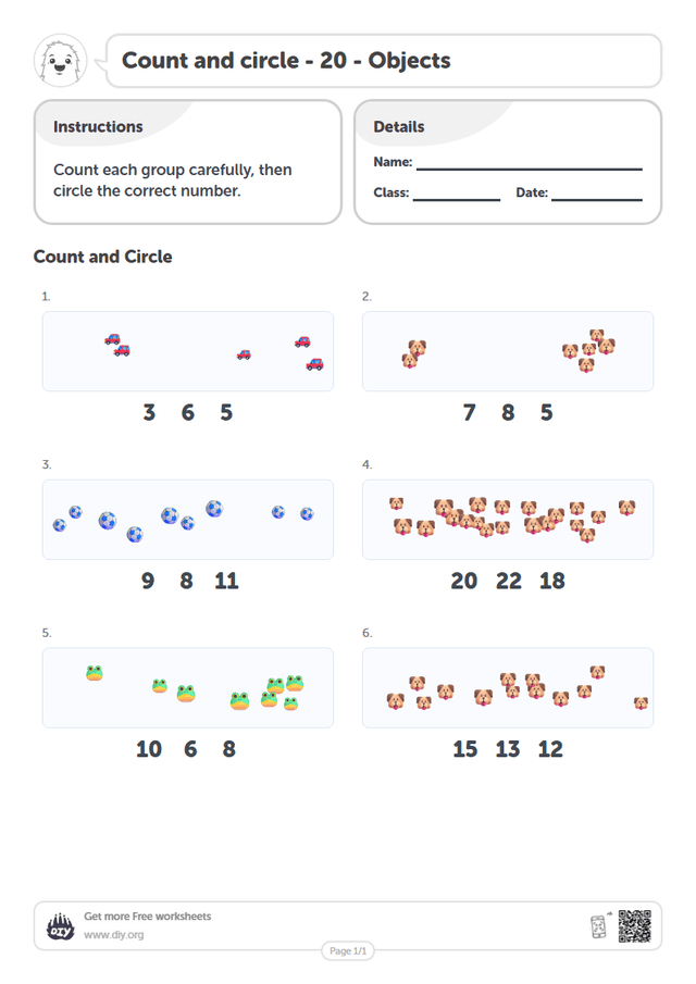 Count and circle - 20 - Objects page 1