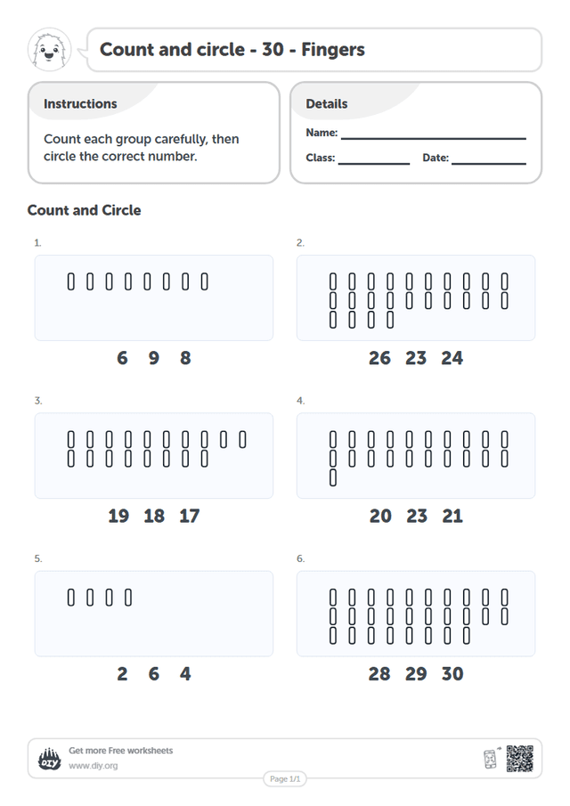 Count and circle - 30 - Fingers page 1