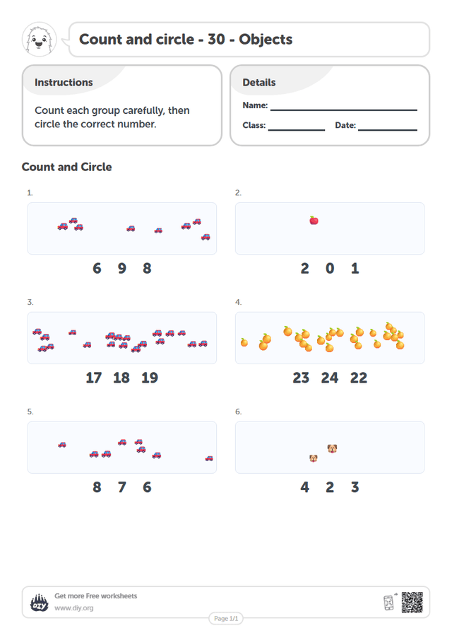 Count and circle - 30 - Objects page 1