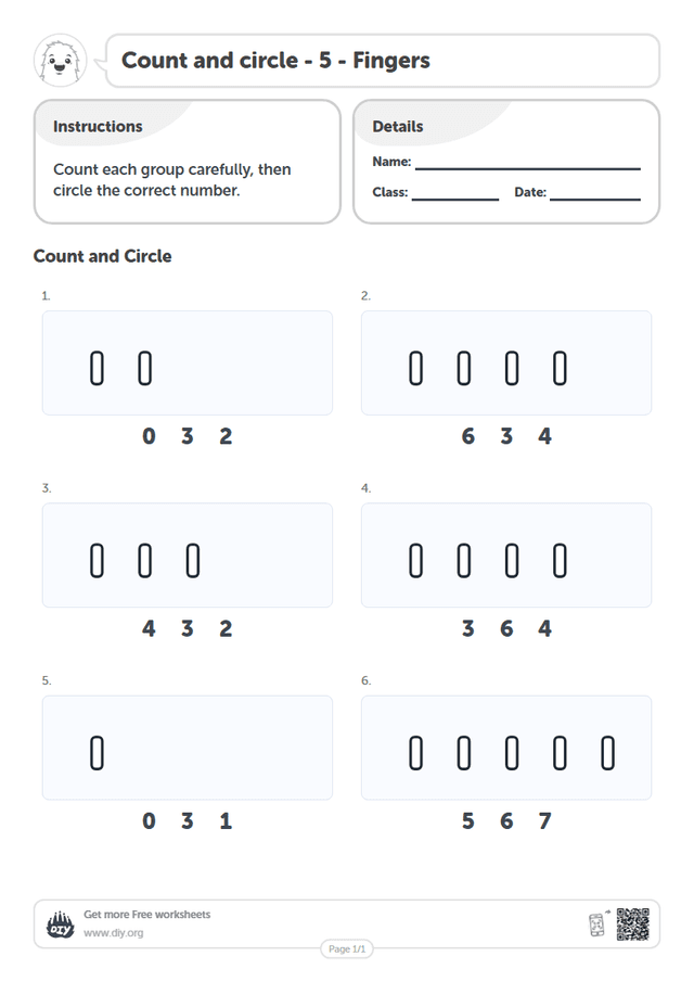 Count and circle - 5 - Fingers page 1
