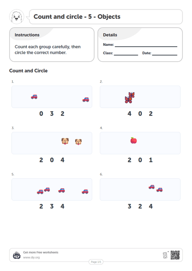 Count and circle - 5 - Objects page 1
