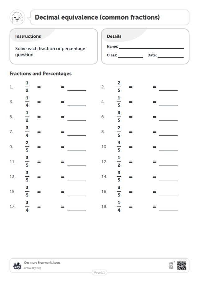 Decimal equivalence (common fractions) page 1