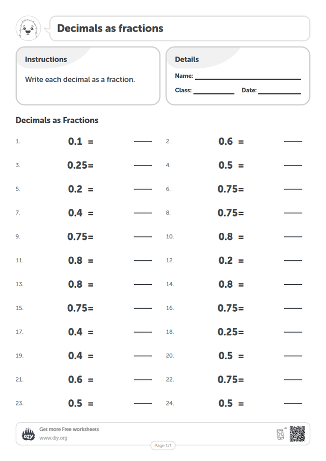 Decimals as fractions page 1