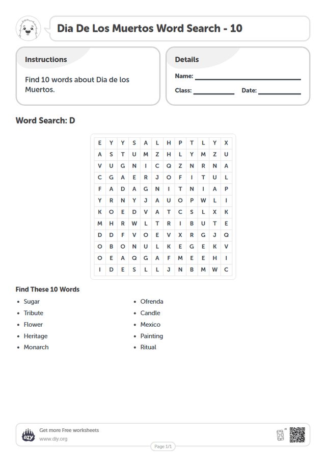 Dia De Los Muertos Word Search page 1