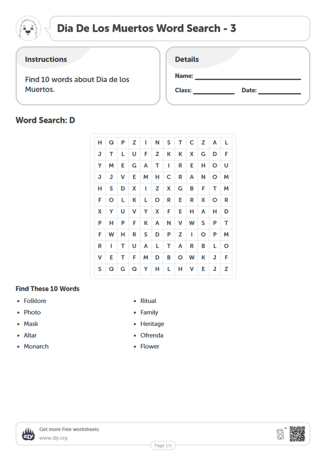 Dia De Los Muertos Word Search page 1