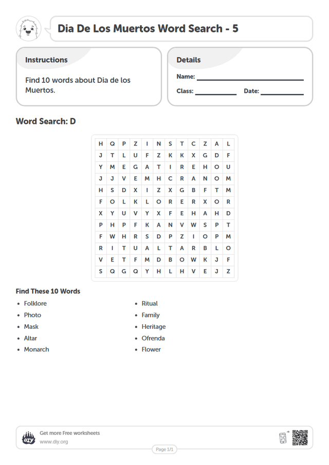 Dia De Los Muertos Word Search page 1