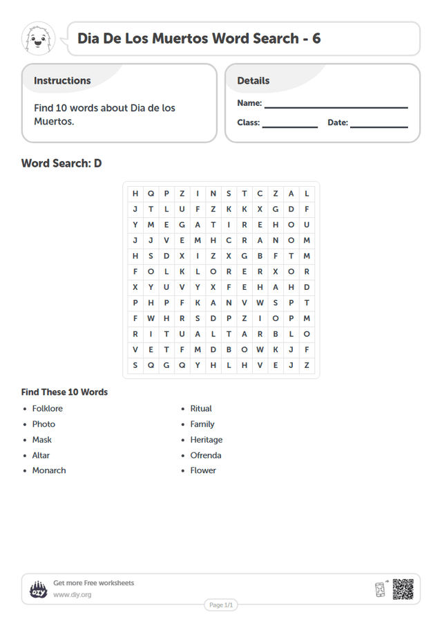 Dia De Los Muertos Word Search page 1