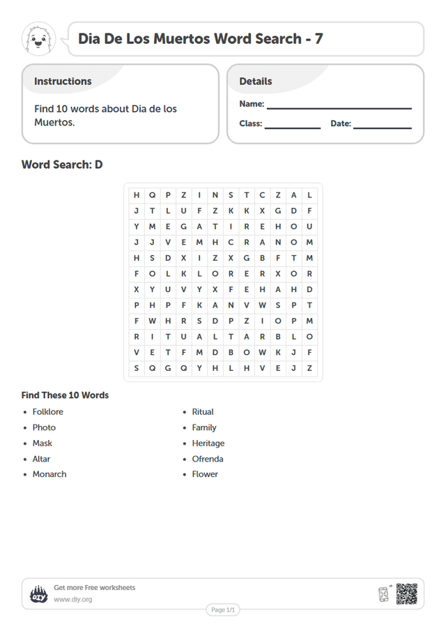 Dia De Los Muertos Word Search page 1