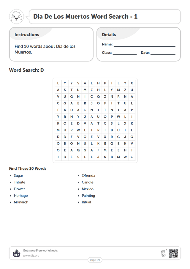 Dia De Los Muertos Word Search page 1
