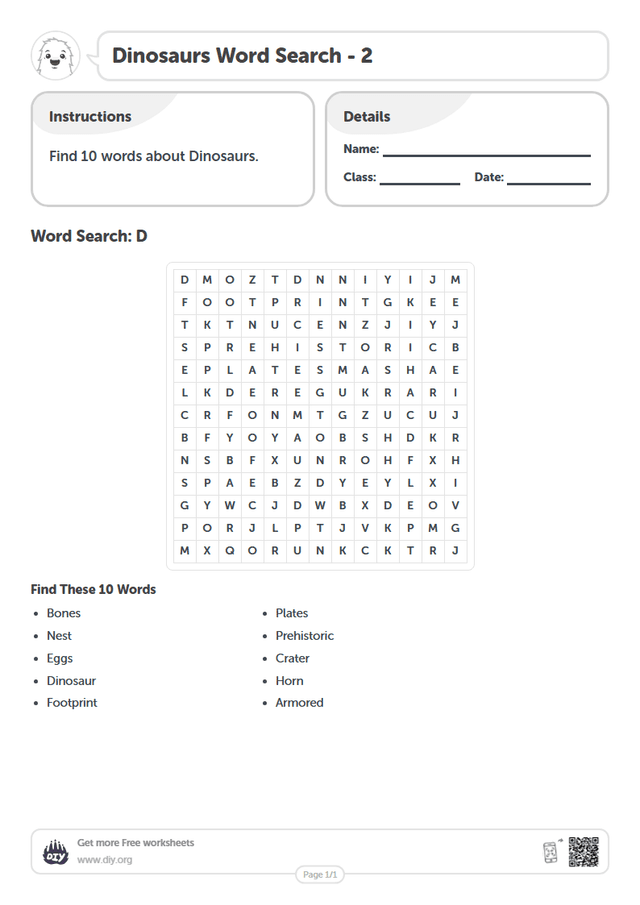 Dinosaurs Word Search page 1