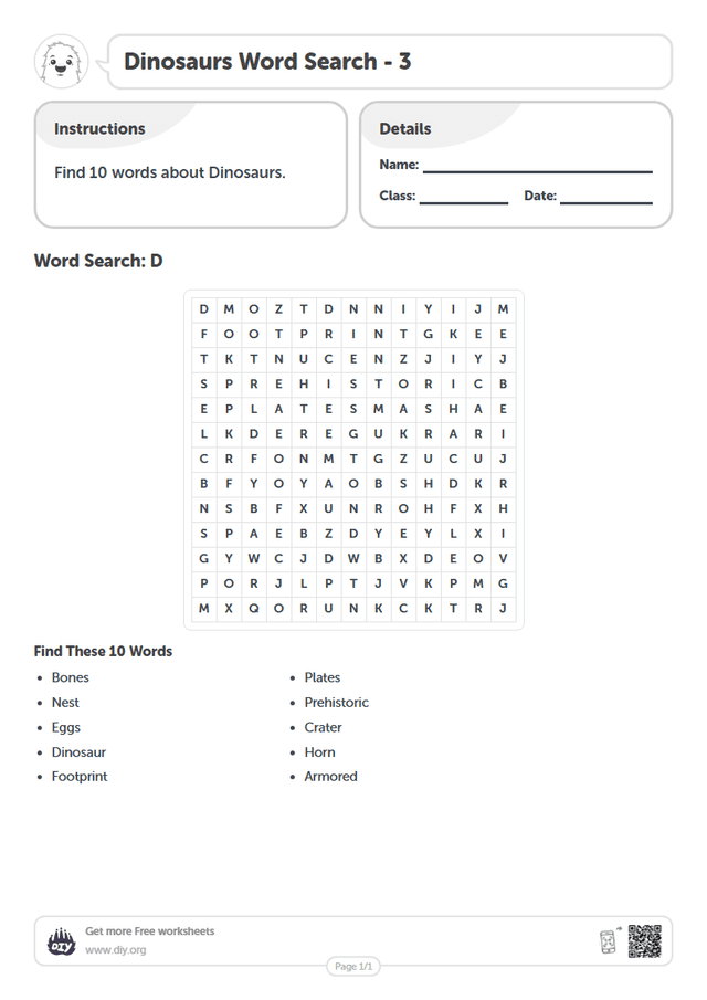 Dinosaurs Word Search page 1