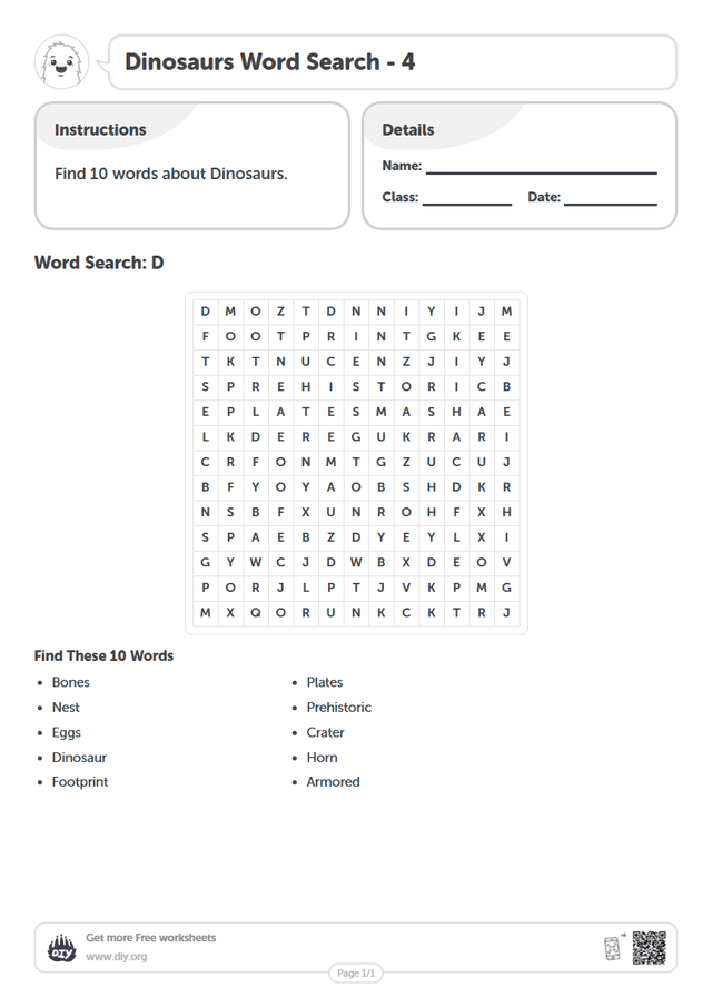 Dinosaurs Word Search page 1