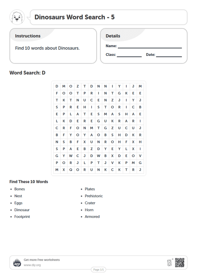 Dinosaurs Word Search page 1