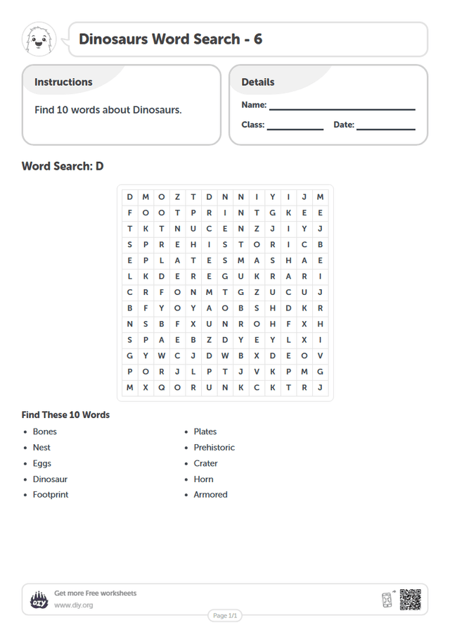 Dinosaurs Word Search page 1