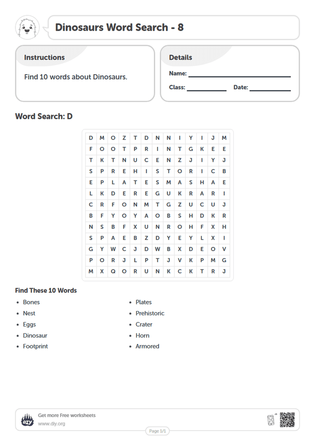 Dinosaurs Word Search page 1