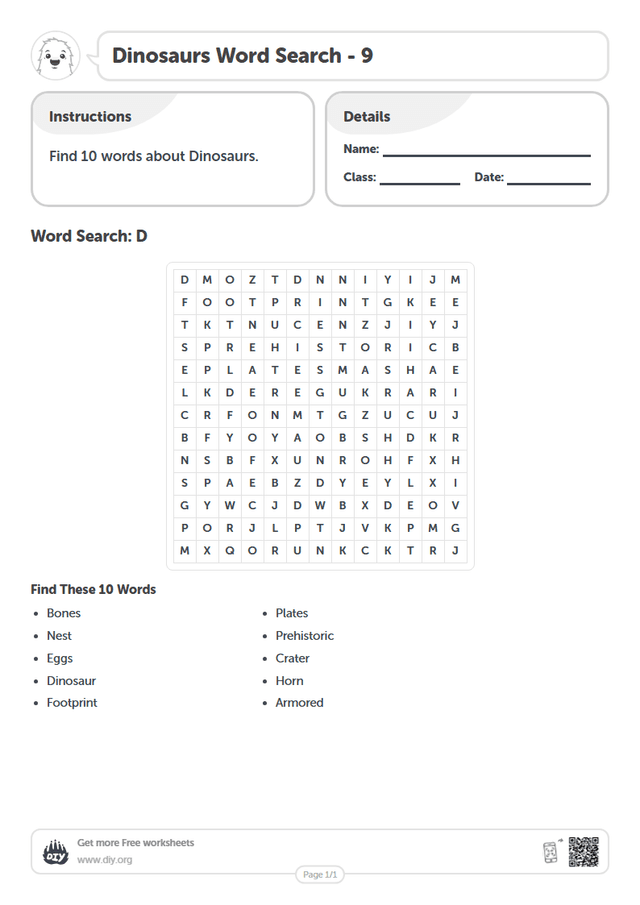 Dinosaurs Word Search page 1