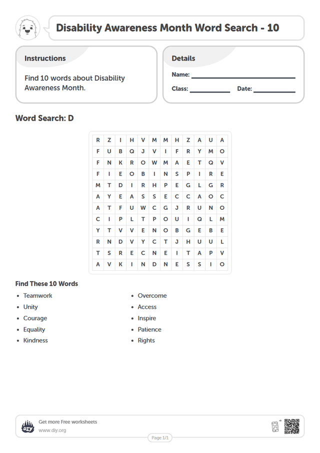 Disability Awareness Month Word Search page 1