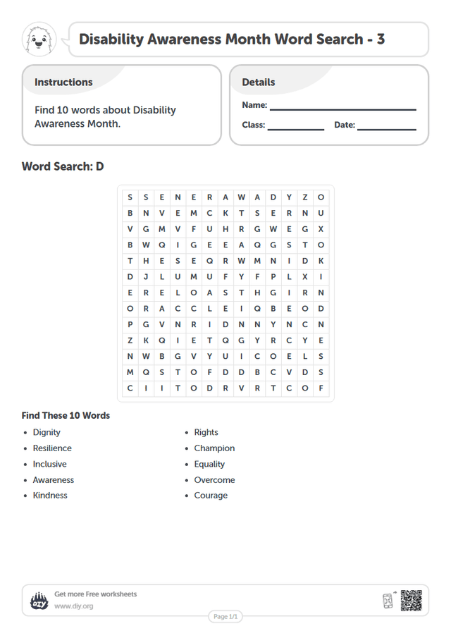 Disability Awareness Month Word Search page 1