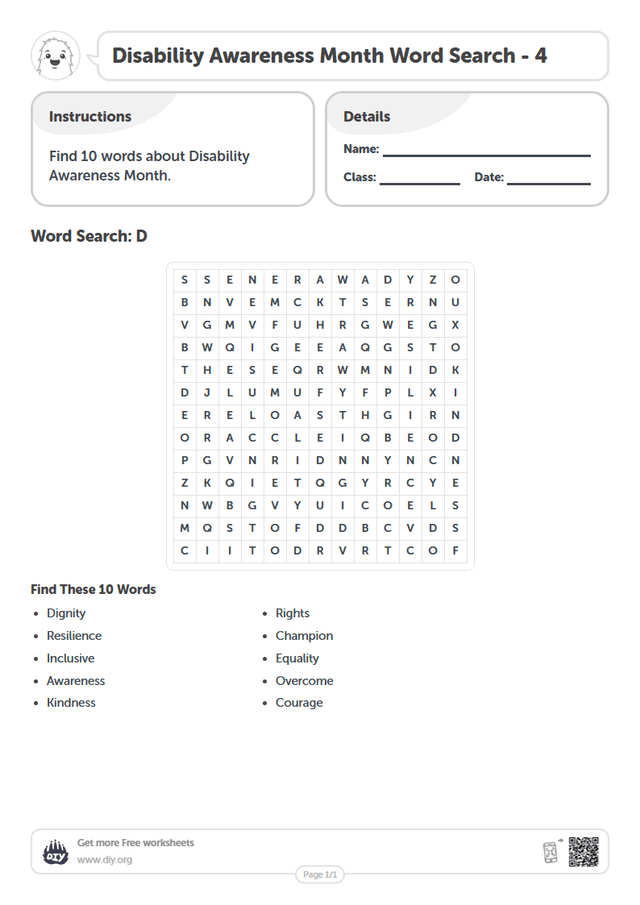 Disability Awareness Month Word Search page 1