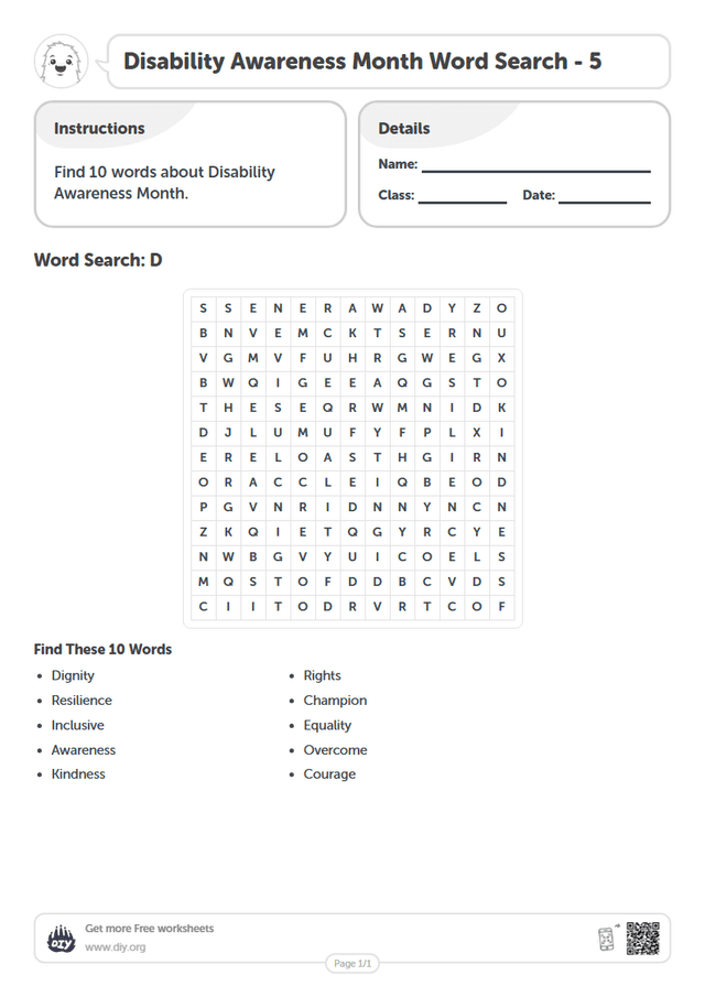 Disability Awareness Month Word Search page 1