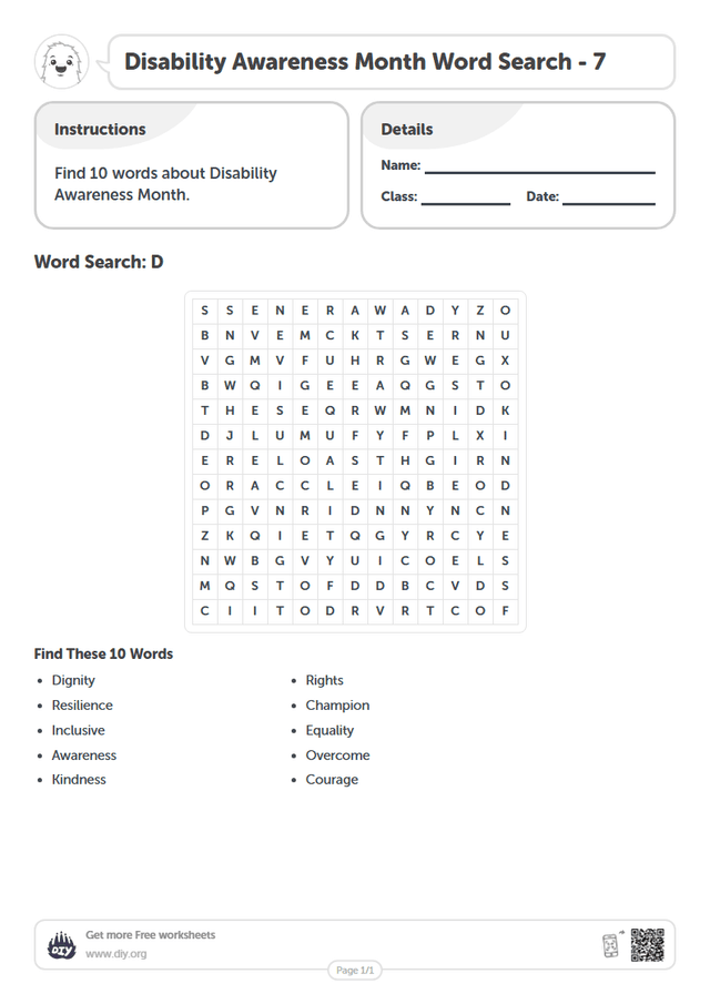 Disability Awareness Month Word Search page 1