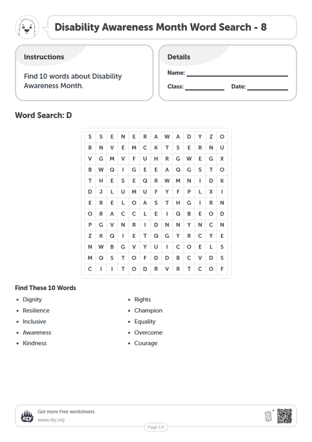 Disability Awareness Month Word Search page 1