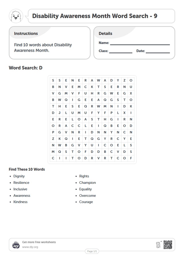 Disability Awareness Month Word Search page 1