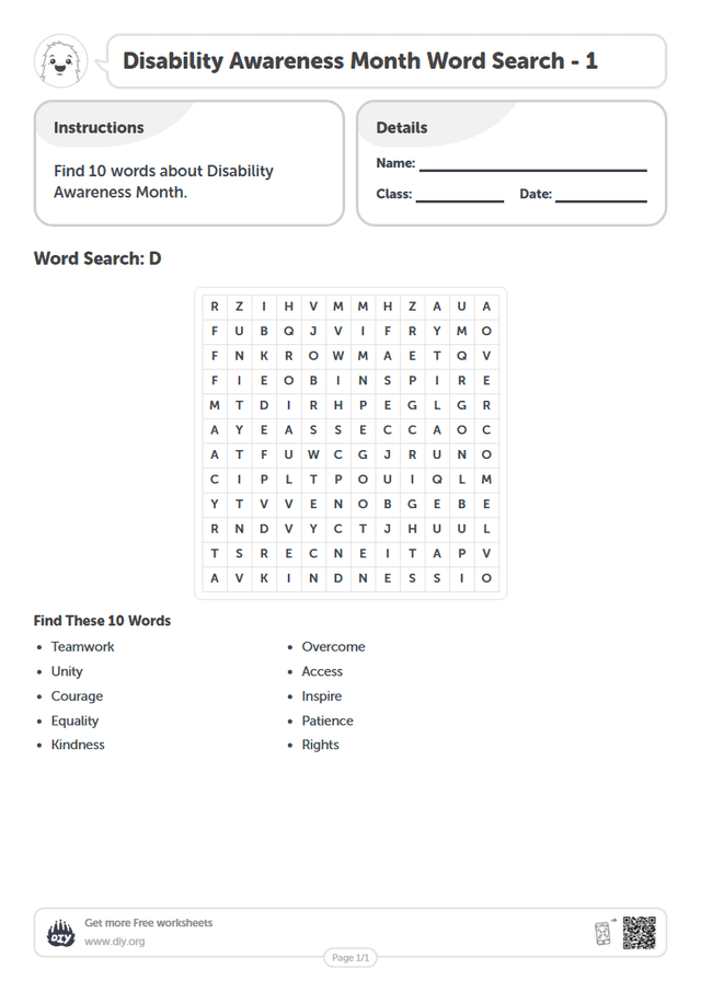 Disability Awareness Month Word Search page 1