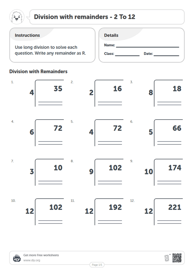 Division with remainders - 2 To 12 page 1